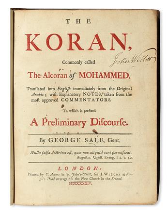 QURAN.  The Koran . . . translated into English immediately from the Original Arabic.  1734